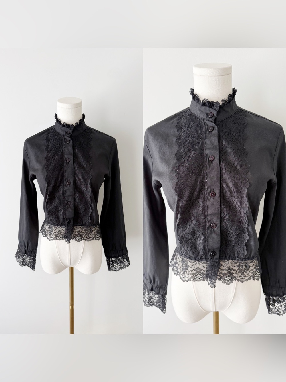70s black Victorian style lace trim blouse
